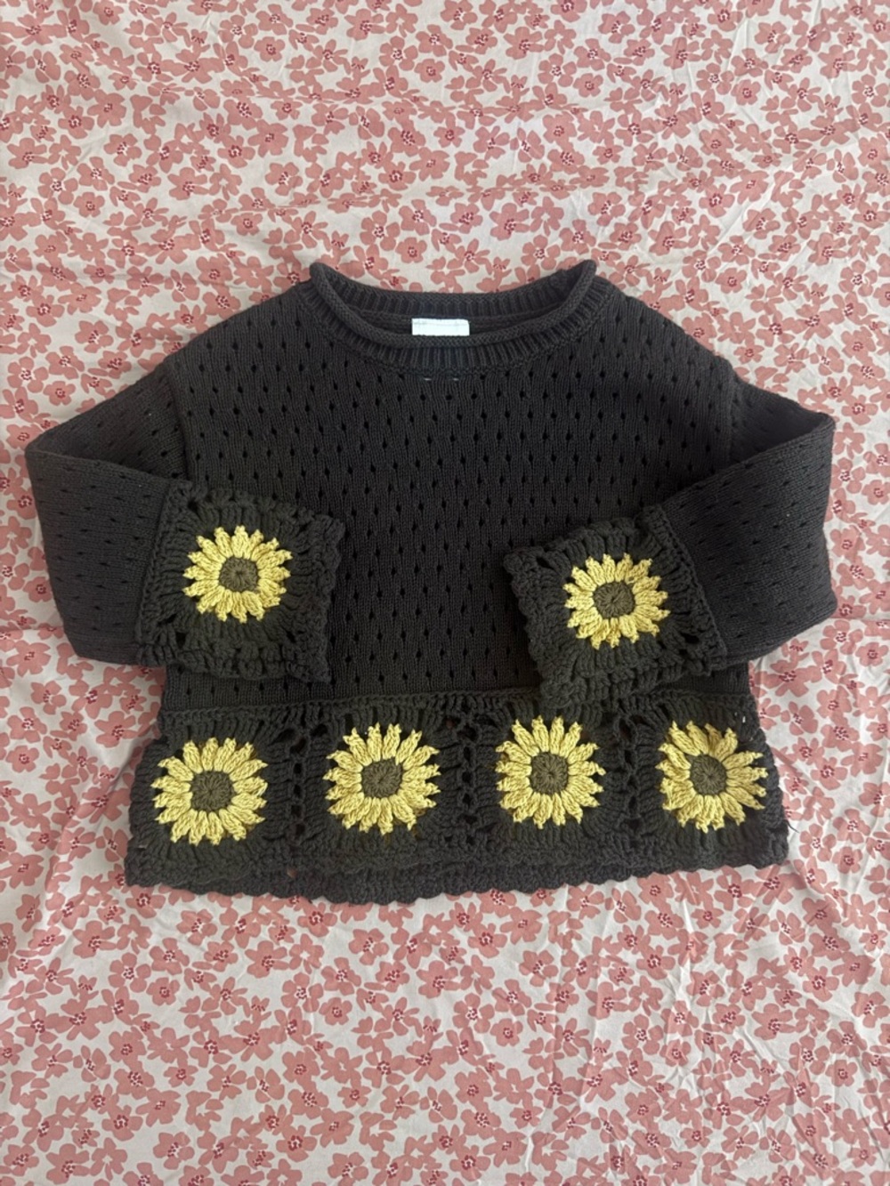 Black Kids Sunflower Crochet Hem Sweater